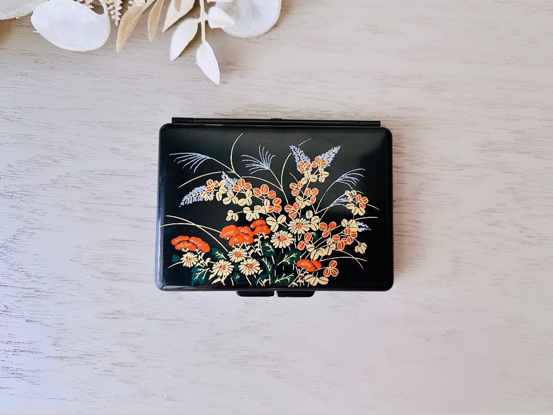 Vintage Jewelry Box, Mini Flower Travel Trinket Box, Black Laquer Plastic Floral Jewelry Box with Red Felt Dividers and Mirror, from 1984