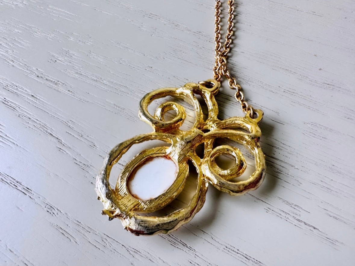 Bridgerton Rose Cameo Necklace, Vintage Gold Tone Floral Pendant Necklace, Cottagecore Porcelain Rose Flower Necklace, Long 24" Gold Chain Romantic Regency Era Necklace from Piggle and Pop