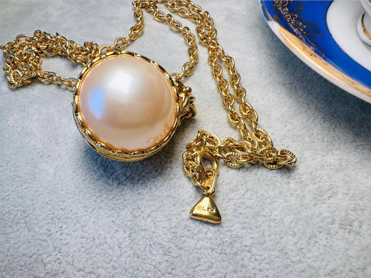 Pearl Locket Necklace, LCI Gold Locket Pearl Sphere Pendant Necklace, Long Gold Chain Vintage Liz Claiborne Pearl Locket Pendant