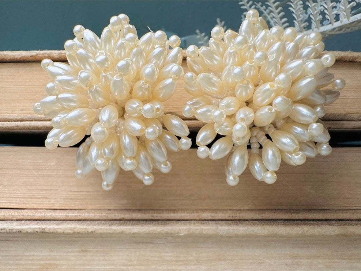 Pearl Pom Pom Earrings, Incredible Vintage Statement Earrings, Dreamy Cream Pearl Earrings, Extravagant Pearl Cluster Cocktail Earrings