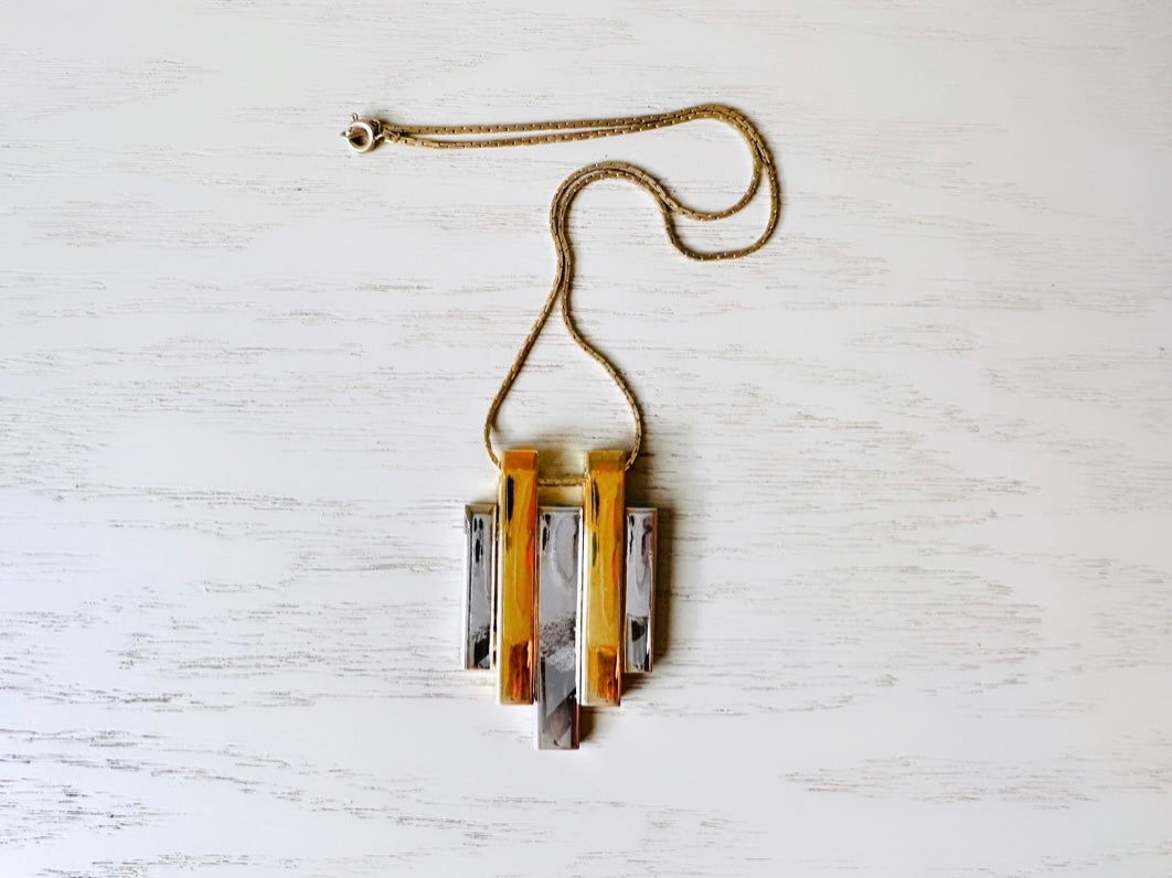1976 Silver and Gold Avon Pendant Necklace, Mid Century Modern Goldtone and Silvertone 20" Two Tone Geometric Pendant Vintage Necklace