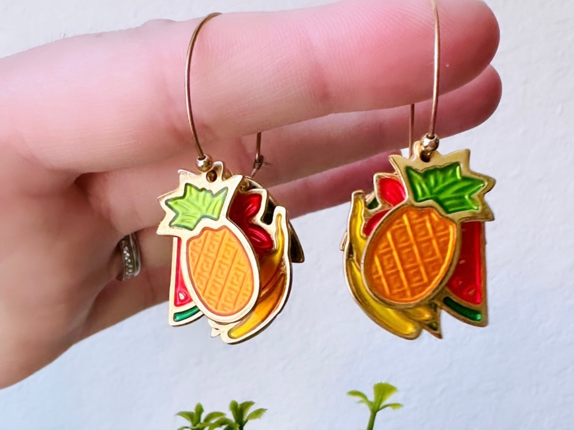 Berebi Fruit Earrings, Vintage Pineapple Watermelon Banana Earrings, Fun Fruit Salad Earrings, Pierced Enamel Hoop Earrings, Colorful Retro Kitsch Earrings