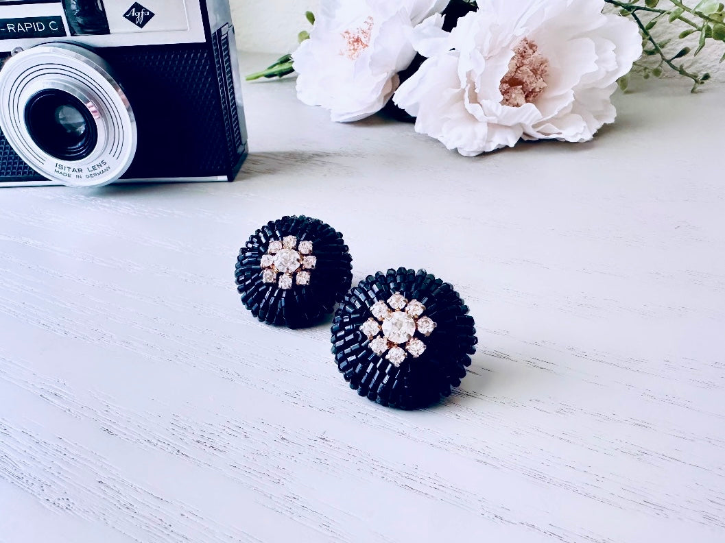 1960s Mod Vintage Beaded Statement Earrings, Black and Rhinestone Glam Clip Earrings, Rare 1960s Earrings, Retro Authentic 60s Mod Earrings