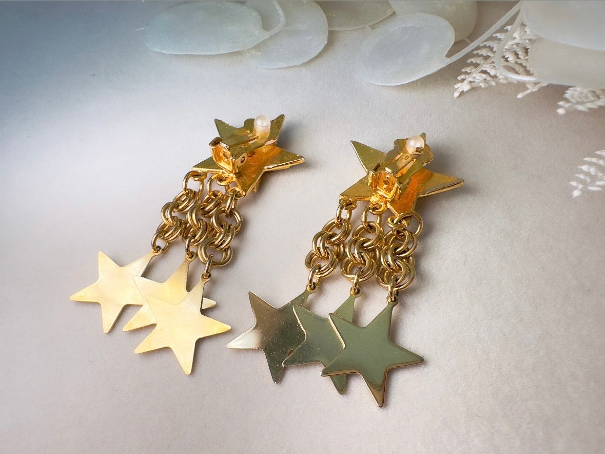 Vintage Star Earrings, Gold Star Pave Rhinestone Chain Tassel Clip Ons