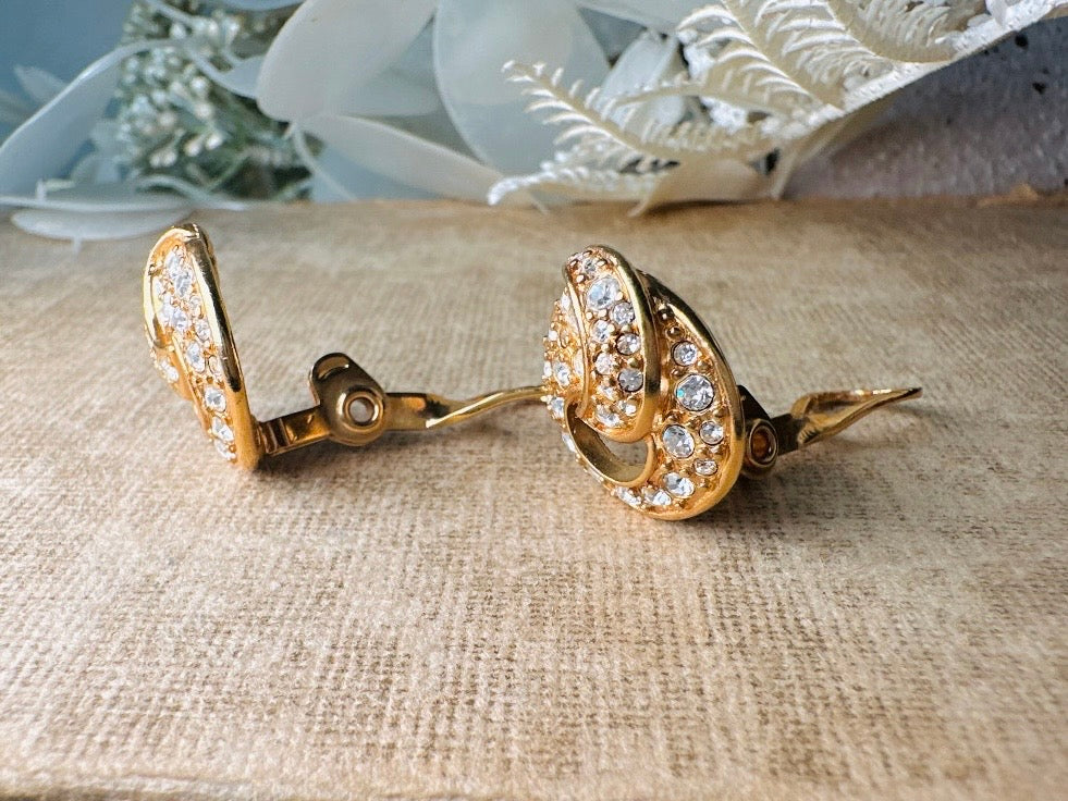 Vintage Monet Gold Knot Earrings with Diamond Rhinestones, Elegant Cocktail Clip On Earrings