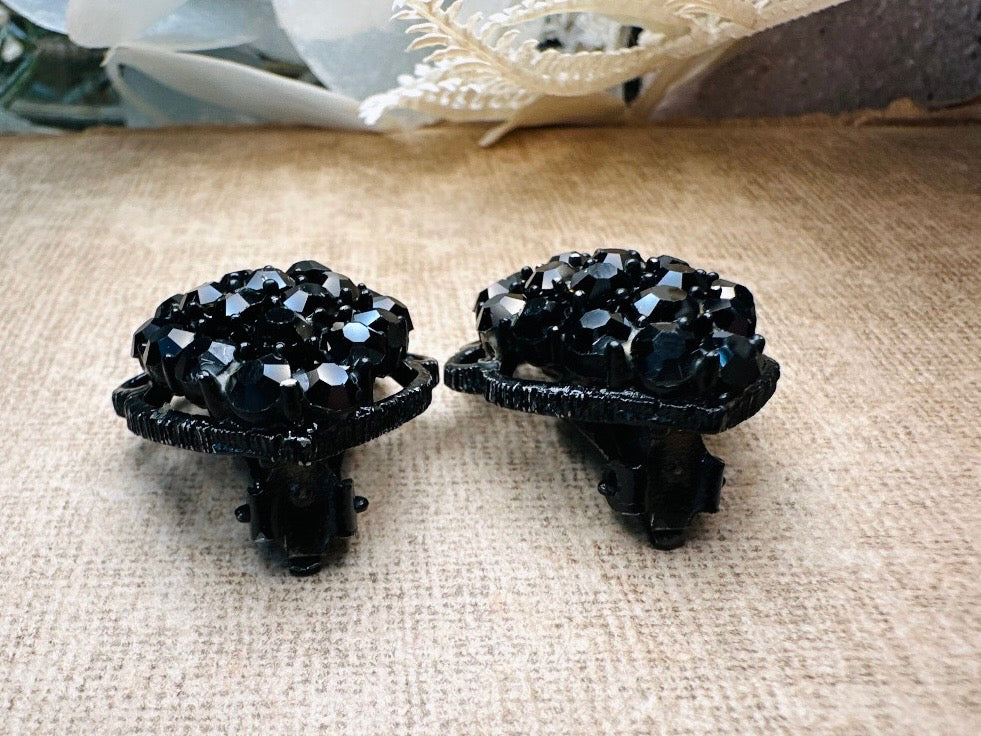 All Black 1960's Sparkling Earrings, 60s Signed Designer Weiss Vintage Teardrop Clip On Black Rhinestone on Black Enamel Earrings