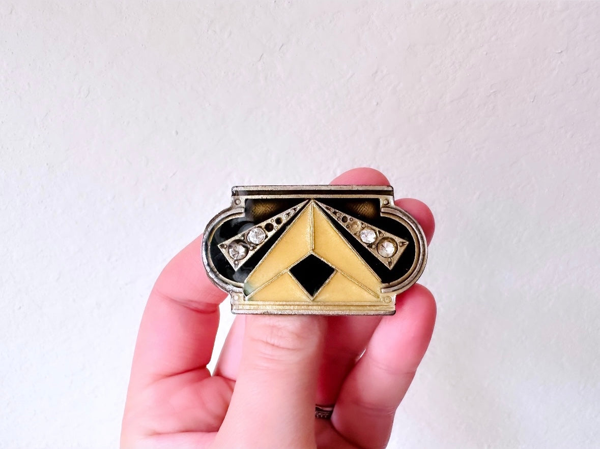 Art Deco Brooch, VTG Antique Silver Pin with Black and Cream Enamel and Vintage Rhinestones, Vintage Pin Brooch, Great Gatsby Accessories