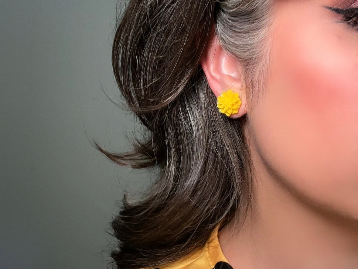 Yellow Flower Studs, Big Flower Earrings, Yellow Chrysanthemum, Stud Earrings, Sunflower Earrings, Resin Flower Jewelry, Cute Colorful Studs