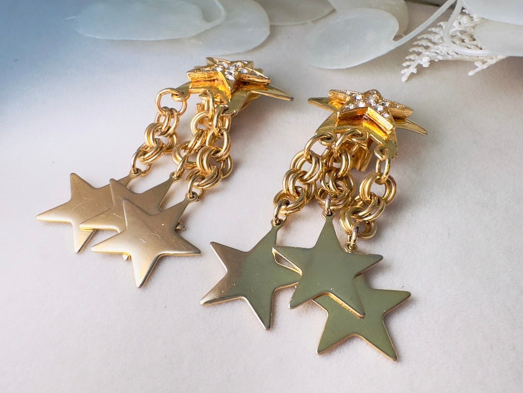 Vintage Star Earrings, Gold Star Pave Rhinestone Chain Tassel Clip Ons