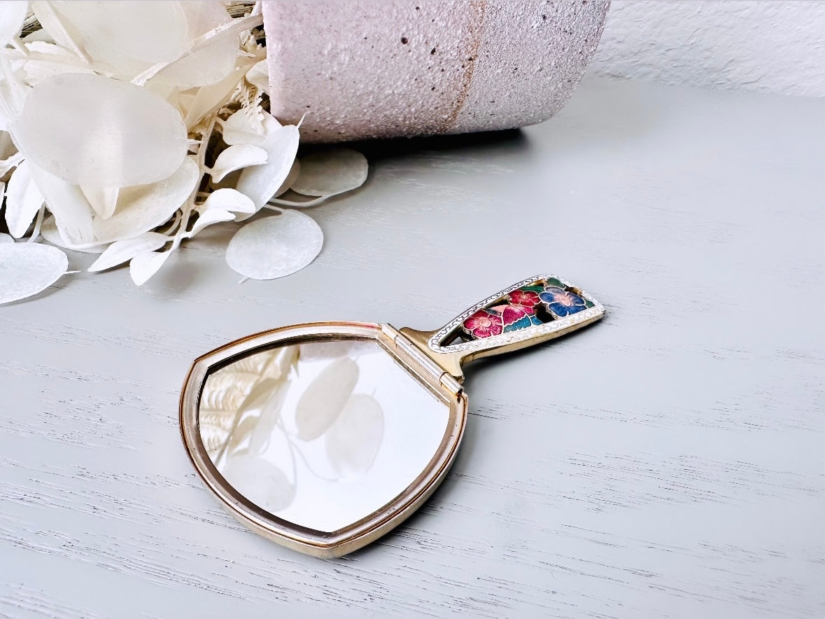 Vintage Cloisonné White Gold Mirror, Small Folding Flip Mirror, Vintage 1950s Floral Pocket Mirror, Colorful Flower Mini Makeup Mirror