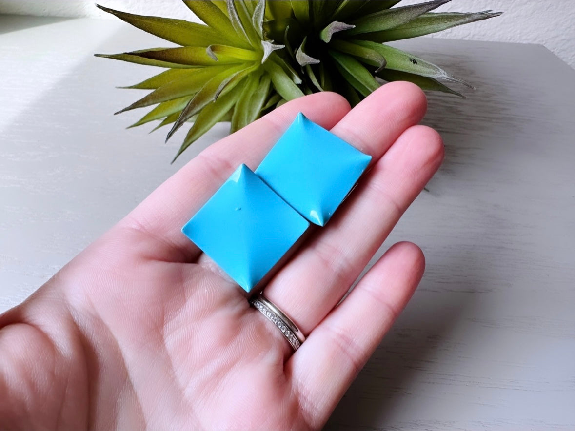 Sky Blue Vintage 1980's Square Stud Earrings, Big Geometric Opaque Enamel Earrings, Vintage Tiffany Blue Pierced Post Earrings, Funky Retro