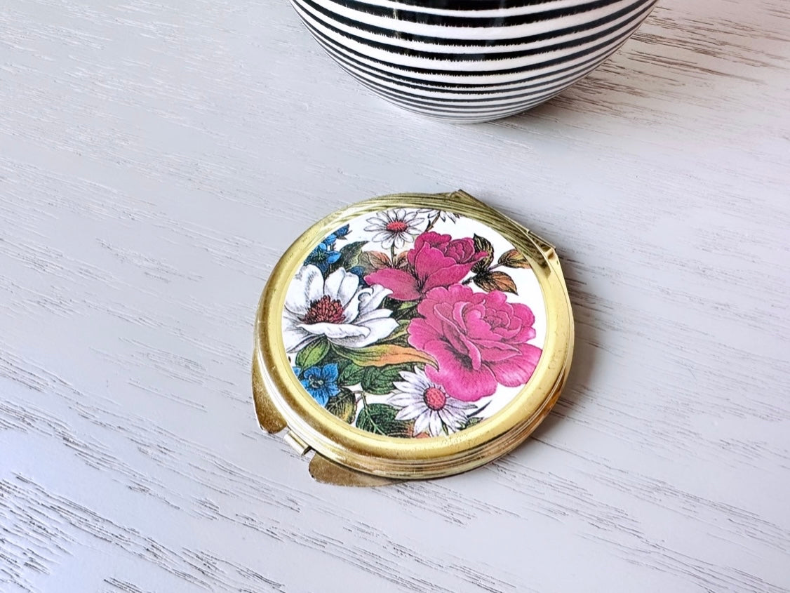 Vintage Flower Compact Mirror, Gold Vintage 1970’s Rose Pocket Mirror, Vtg 70s Colorful Floral Makeup Mirror, Pretty Flip Mirror