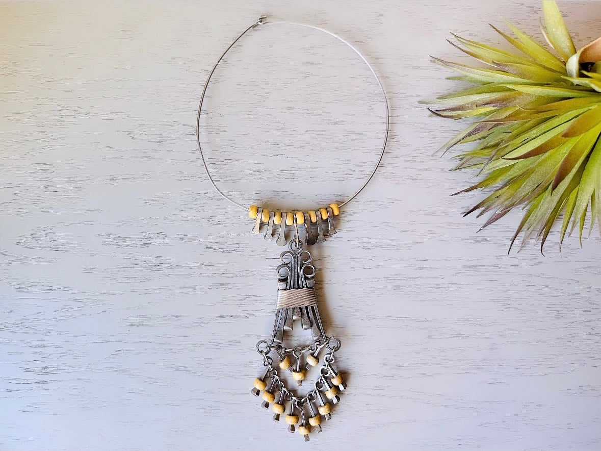 Vintage Horseshoe Nail Necklace, Incredible 1970's Brutalist Artisan Handmade Choker Pendant Necklace, Good Luck Modernist Wirework Necklacenecl