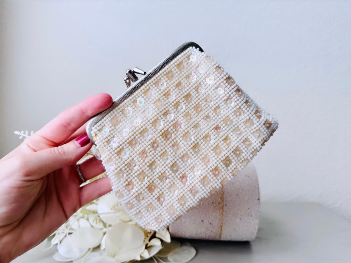 1950's White Sequin Clutch Purse, Cute Vintage Purse, Cream with Iridescent Sequins and Tiny White Beads, Vintage Bridal 50s Makeup Bag