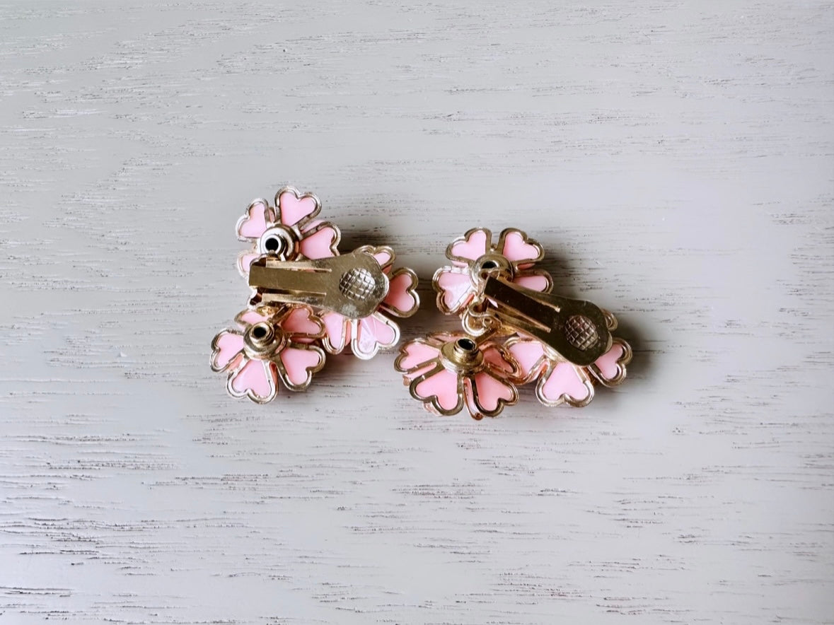 Baby Pink 1950's Vintage Earrings, Light Pink Molded Flower Earrings with Purple Rhinestone Earrings, Gold Tone Vintage Clip On Earrings
