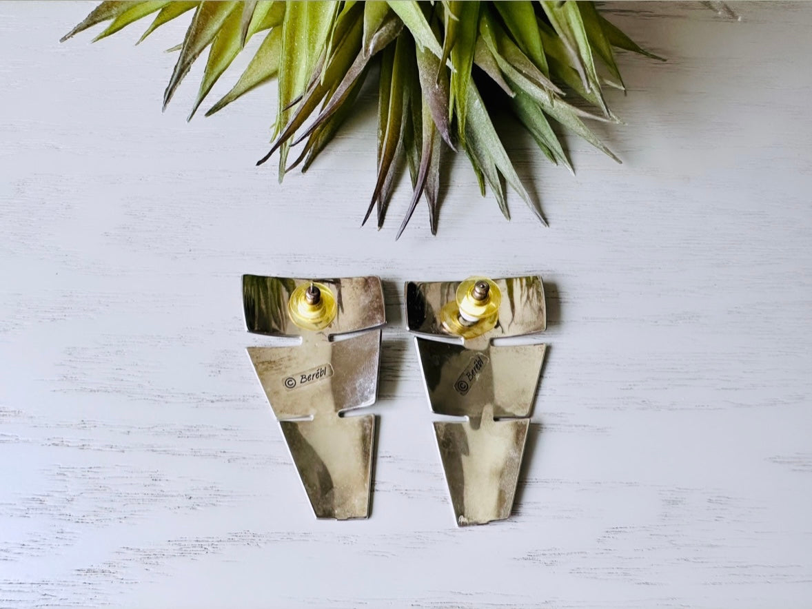 Rare Vintage Berebi Earrings, 1980s Black and Gold Pierced Post Earrings, 80s Dramatic Graduated Tiered Triangle Pierced Earrings