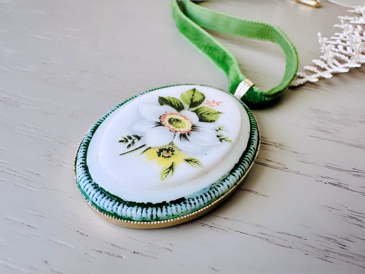 Green Velvet Choker Necklace with Floral Cameo, White Flower Vintage 1950s Choker, West German Victorian Revival Necklace 14" Soft Velvet