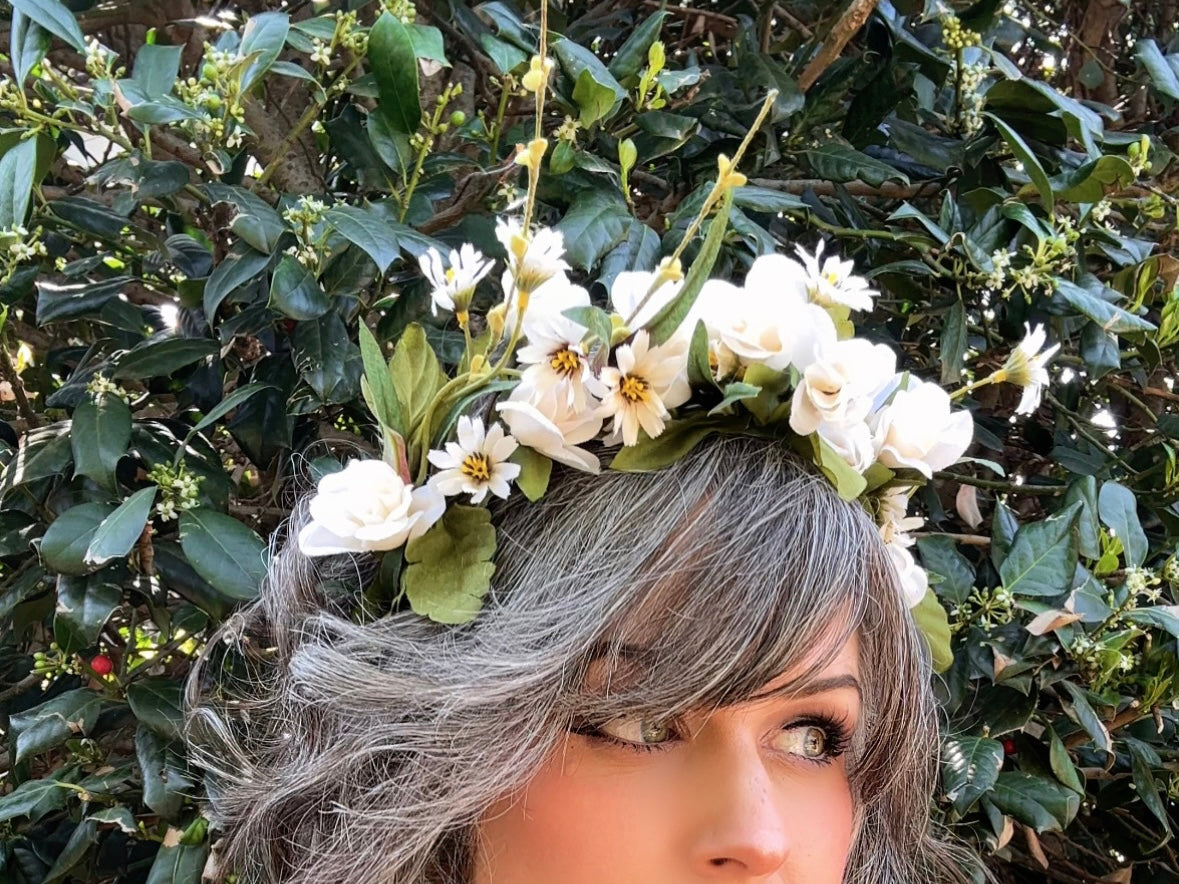 Ivory Flower Crown, Handmade Woodland Nymph Bridal Floral Hair Wreath, Cream Forest Queen Headpiece