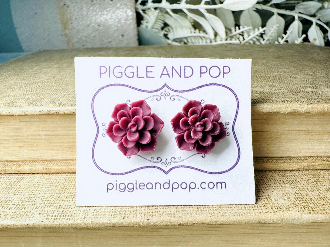 Wine Flower Earrings, Matte Succulent Earrings, 13mm Hypoallergenic Post Earrings, Boho Floral For Everyday Wear Earrings