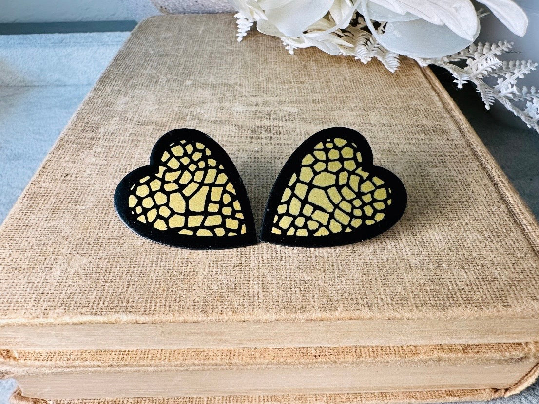 Mosaic Heart Earrings, Black and Gold Enamel Metal Heart Pierced Earrings, Unique Vintage Textured Metal Heart Pierced Post Earrings