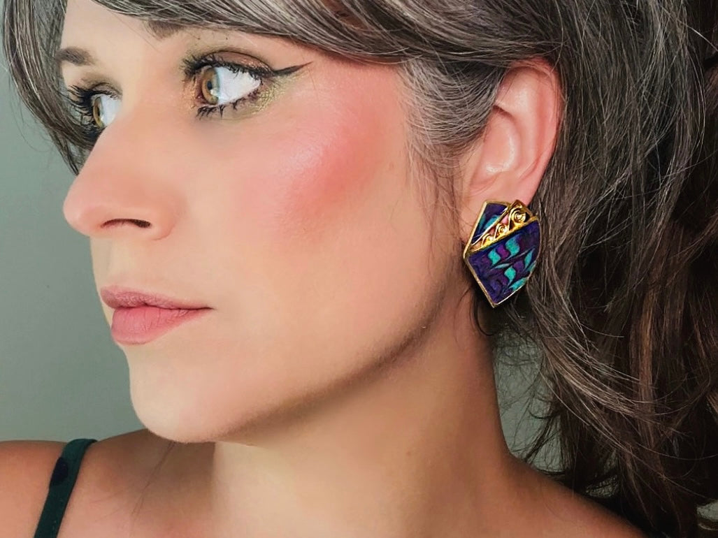 Vintage Purple Teal Gold Earrings, 1980s Pierced Post Earrings, Authentic Vintage Designer Berebi Earrings, Pearlized Enamel Geometric Lace