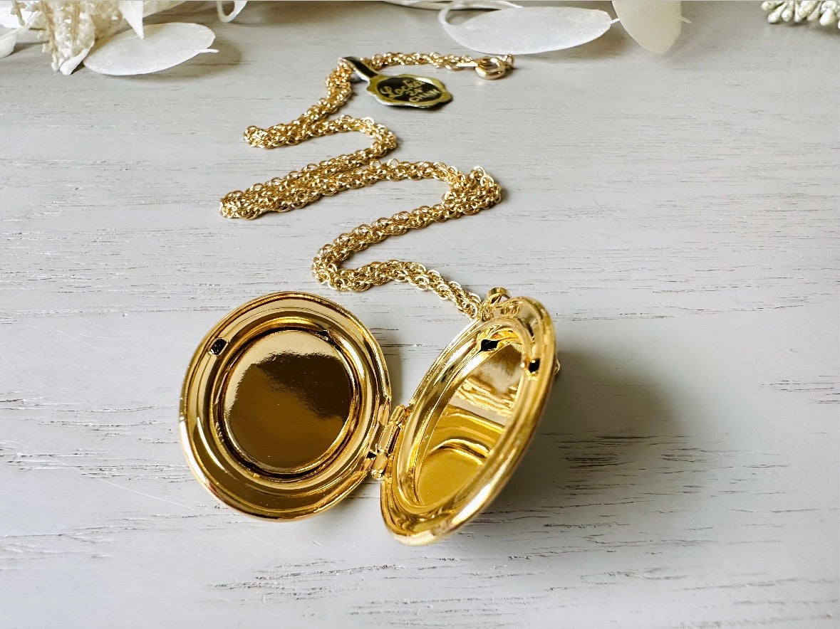 Flower Locket Necklace, Vintage Gold Chain with Plum Rose Cameo,