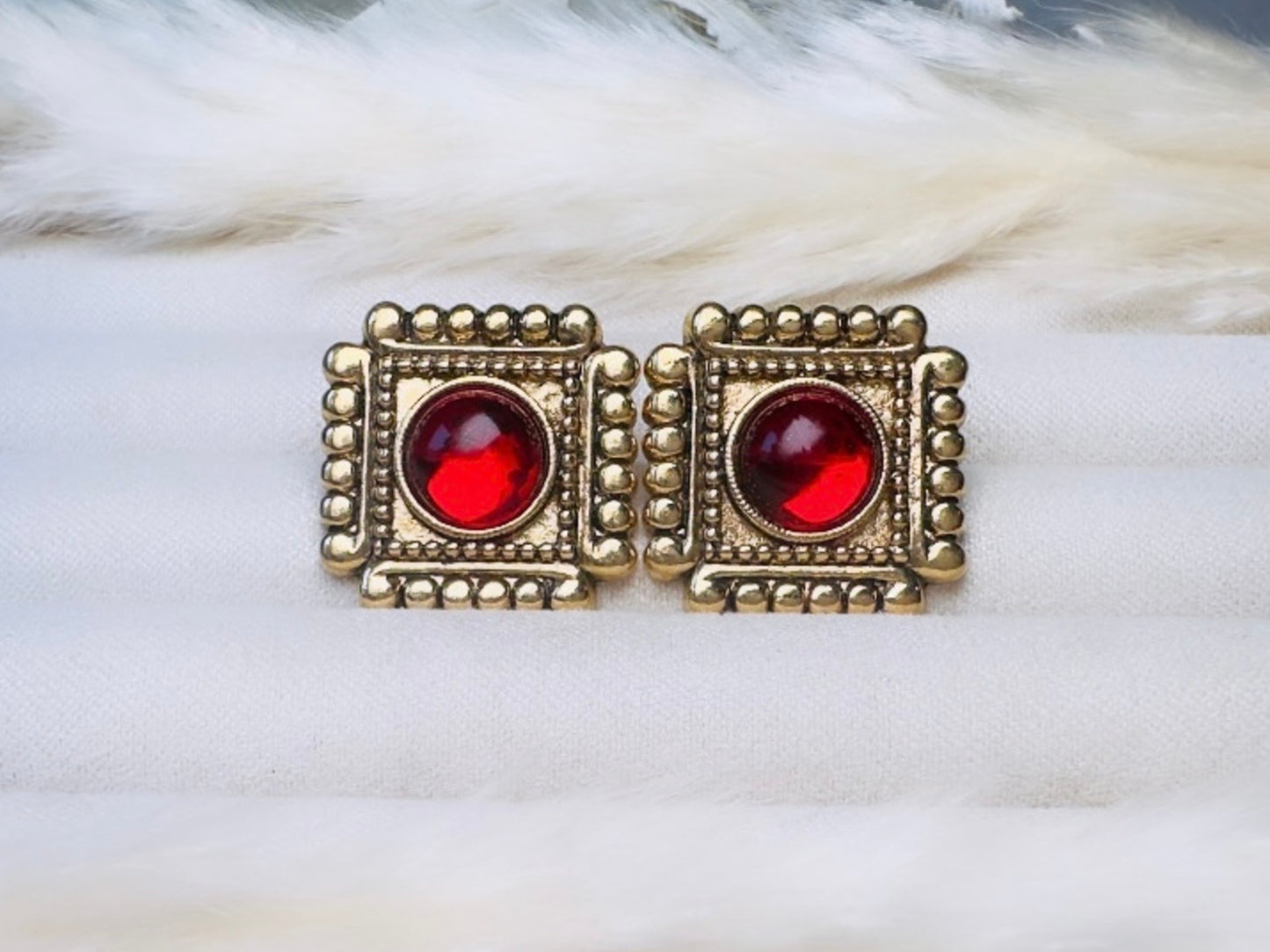 Red Gripoix Earrings, Vintage 1928 Post Earrings, Embossed Gold Square Earrings with Glowing Red Cabochons