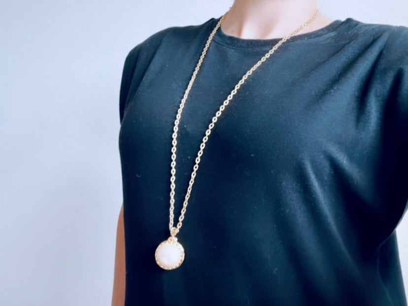 Pearl Locket Necklace, LCI Gold Locket Ball Rare Pearl Sphere Pendant Necklace, Long Chain Vintage Liz Claiborne Faux Pearl Locket Pendant
