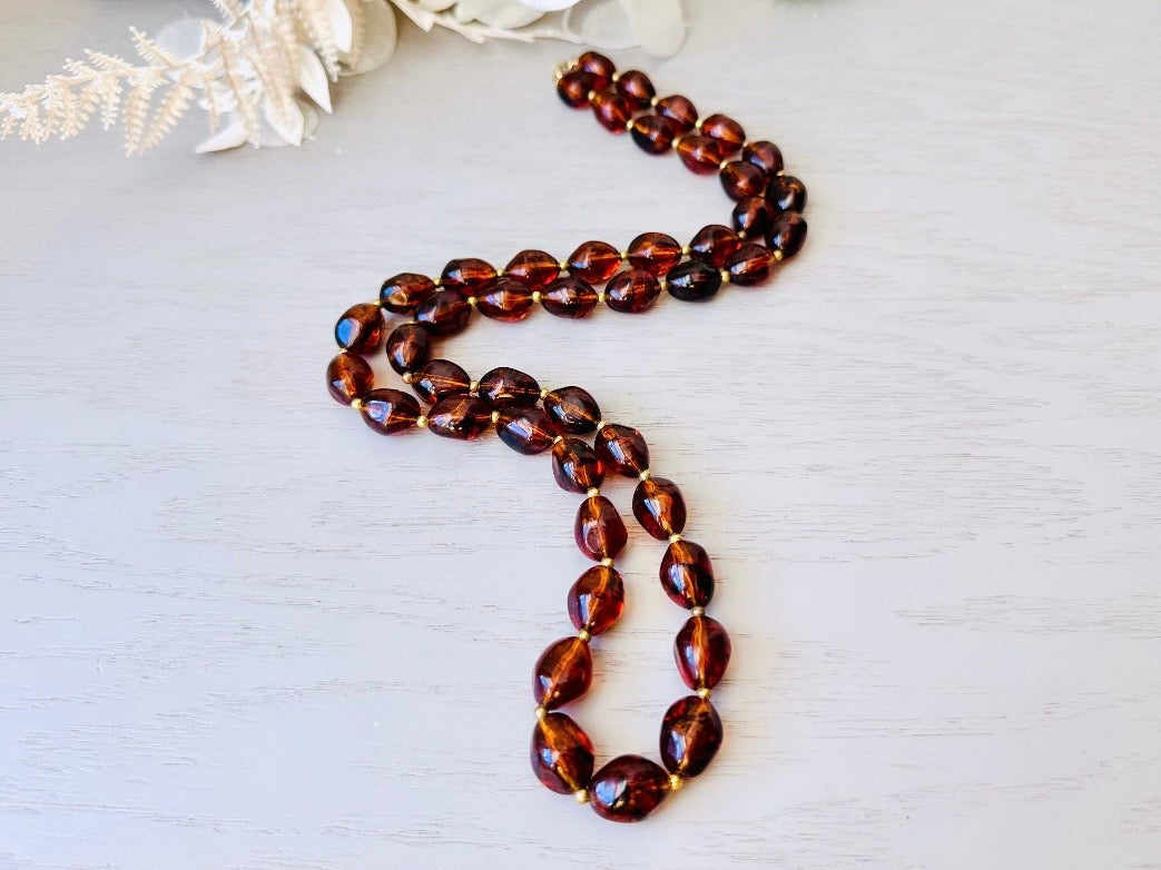 Vintage Faux Amber Necklace, Long Beaded Glowing Rootbeer Simulated Amber Trifari Necklace with Gold Accents, 1970s Signed Designer Jewelry
