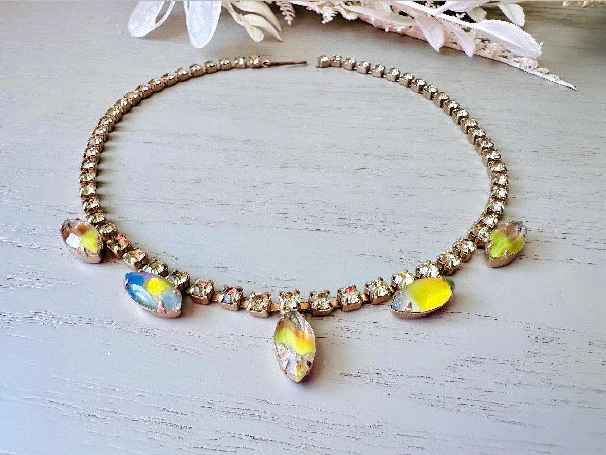 Vintage Tennis Necklace, Gorgeous Green Faux Opal 15" Crystal Choker Necklace with Prong Set Green Rhinestones and Colorburst Marquise Glass Stones