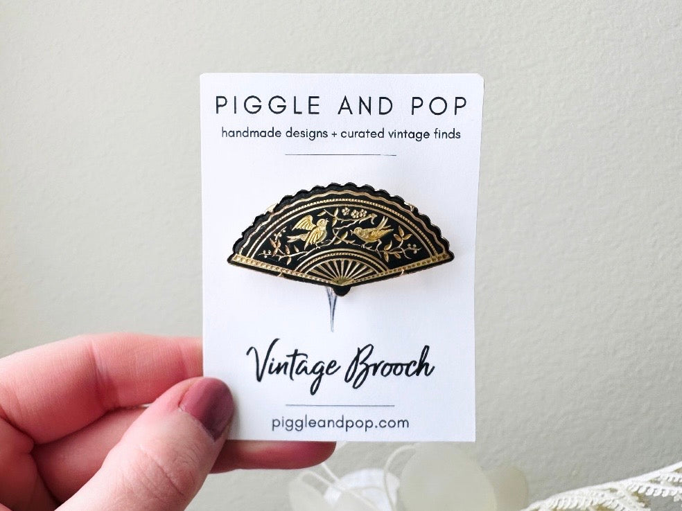 Vintage Damascene Brooch, Black and Gold Floral Bird Pin, Etched Gold on Matte Black Intricate Fan Brooch