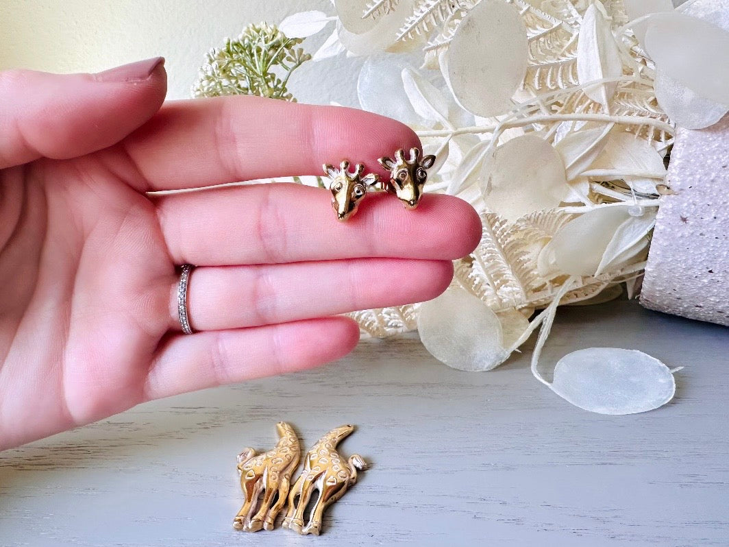 Vintage Giraffe Earrings, White and Gold Pierced Post Earrings with Moveable Head, Convertable Stud to Dangle Earrings, Animal Lover Gifts