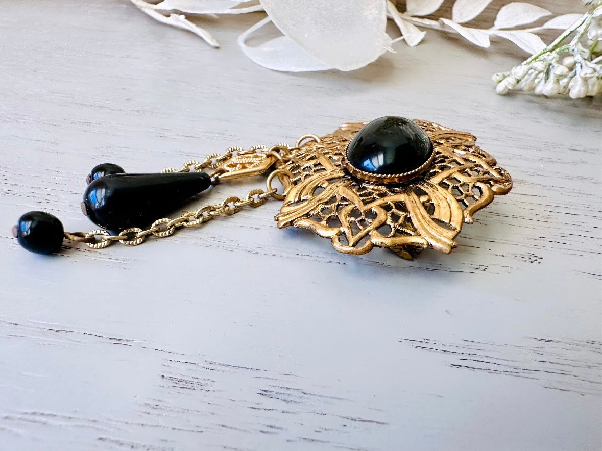 Black Vintage Brooch, Antique Bronze Filigree Brooch with Black Cameo & Chain Tassels Romantic Vintage Pin Victorian Revival Gifts for Her