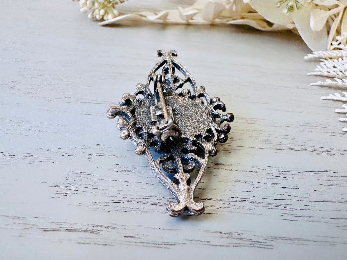 Pink Coral Brooch, Victorian Silver Filigree Pin with Oval Mottled Coral Cabochon, VTG Antique Silver Pin Victorian Revival Accessories