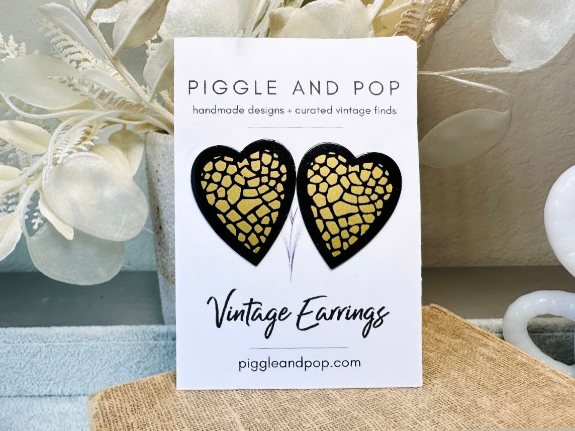 Mosaic Heart Earrings, Black and Gold Enamel Metal Heart Pierced Earrings, Unique Vintage Textured Metal Heart Pierced Post Earrings
