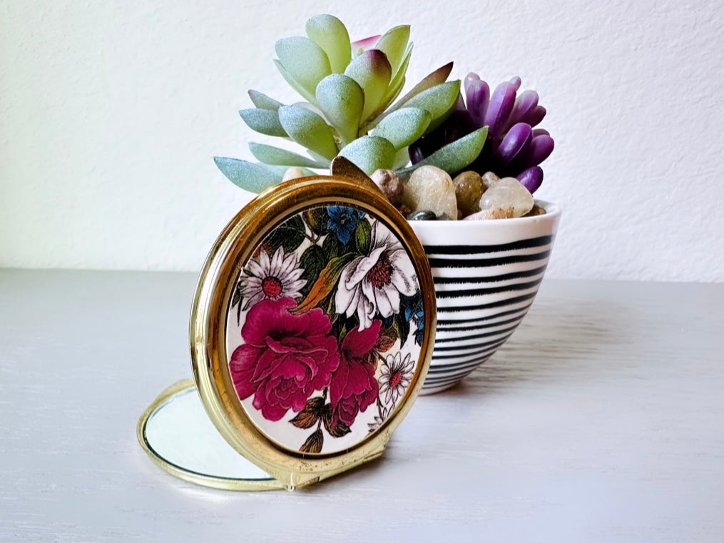 Vintage Flower Compact Mirror, Gold Vintage 1970’s Rose Pocket Mirror, Vtg 70s Colorful Floral Makeup Mirror, Pretty Flip Mirror