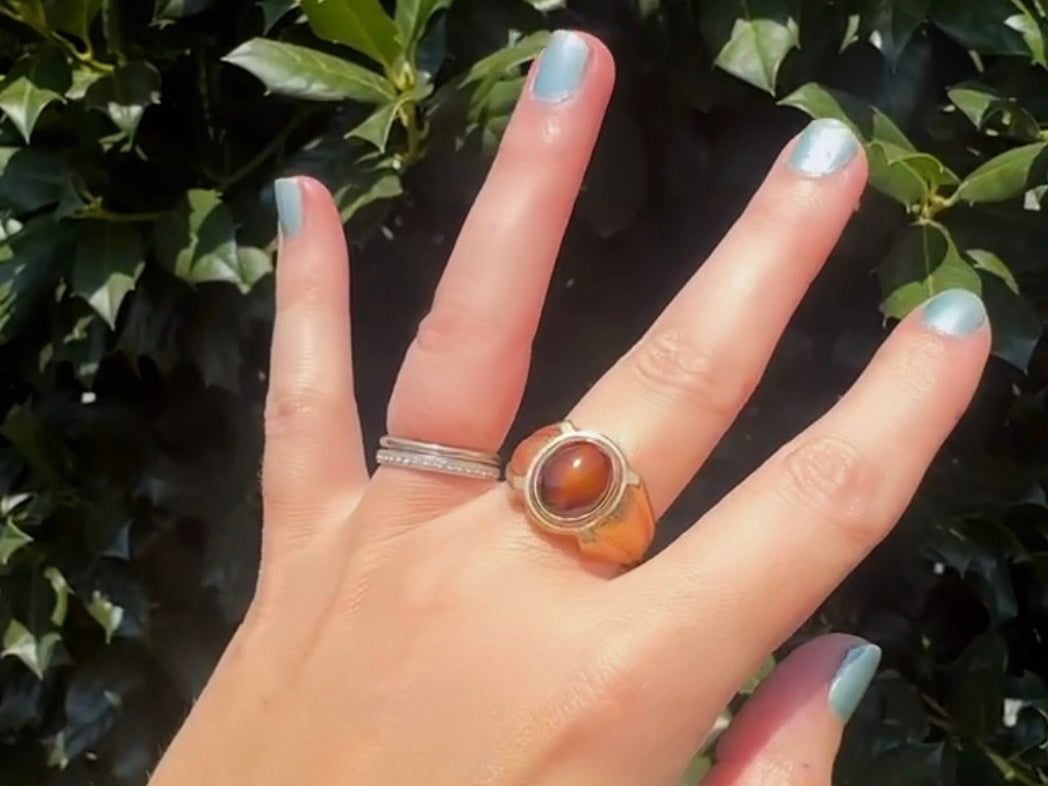 Tigers Eye Ring, Vintage Gold Gemstone Statement Ring, Chunky Unisex 1970s Cocktail Ring