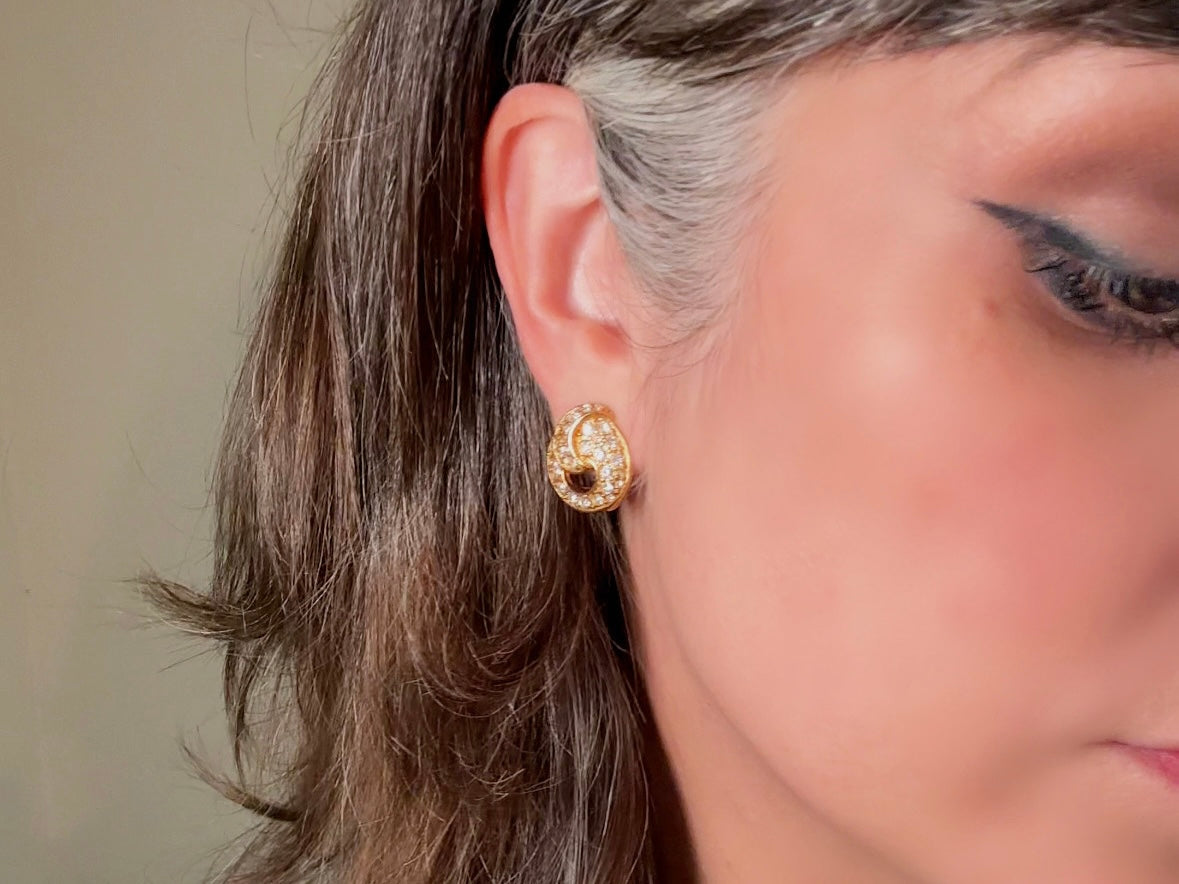 Vintage Monet Gold Knot Earrings with Diamond Rhinestones, Elegant Cocktail Clip On Earrings