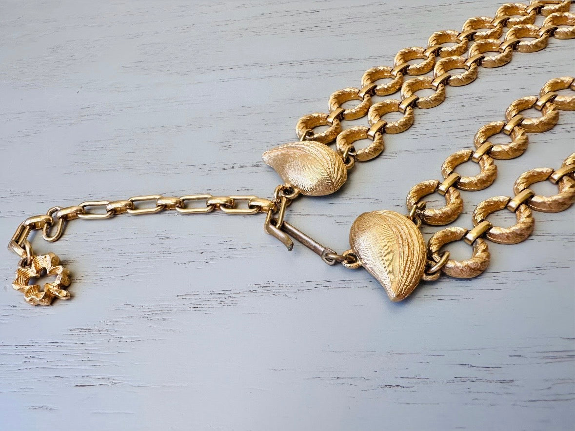 Gold Vintage Double Chain Necklace, Textured Matte Gold Layered Loops, Bold 80s Mogul Style, Leaf and Shamrock Details Authentic Vintage