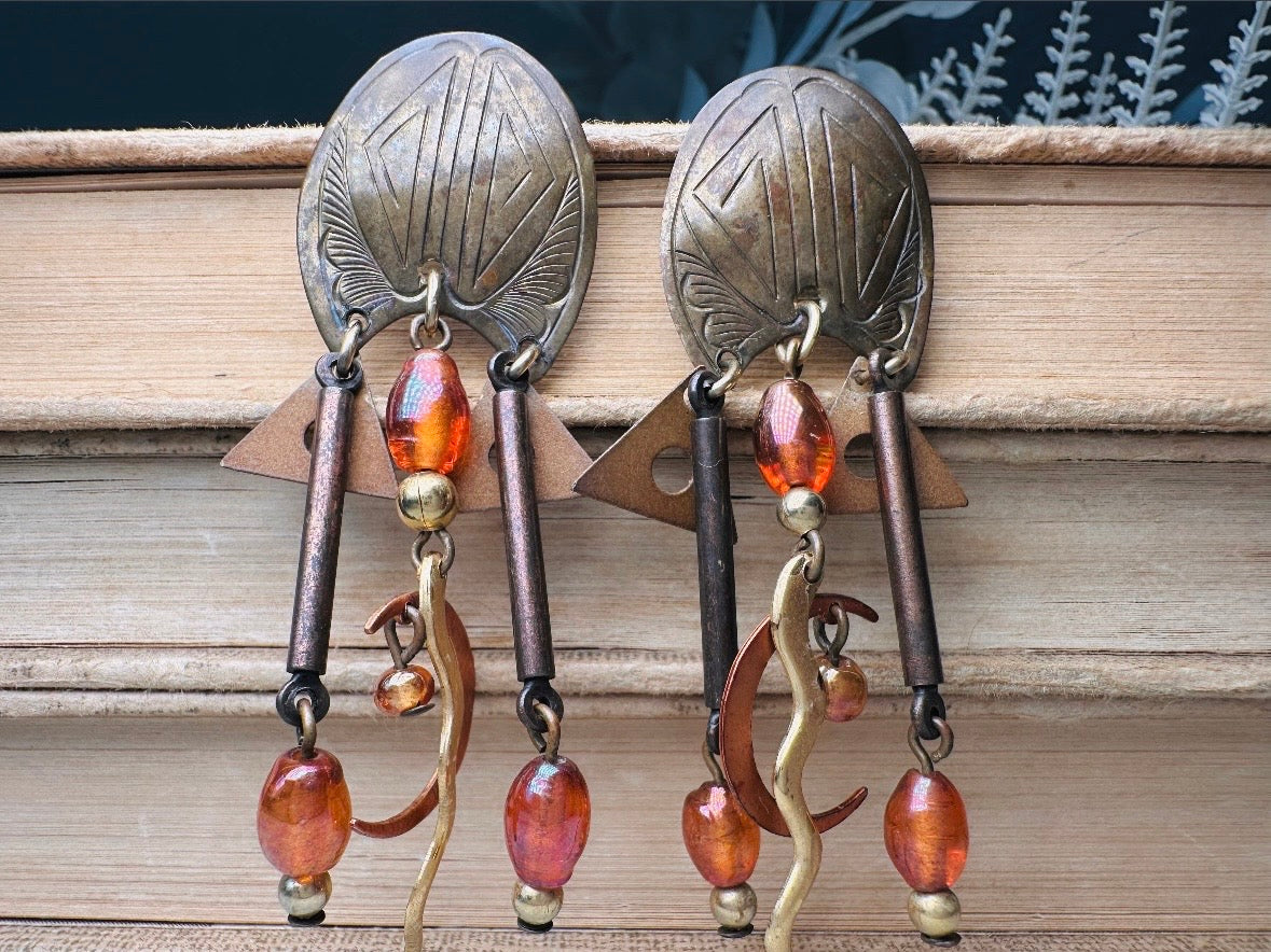 Vintage Moon Earrings, 1980s Runway Brutalist Distressed Earrings, with Amber Glass and Bronze Charms, Dangling Boho Earrings