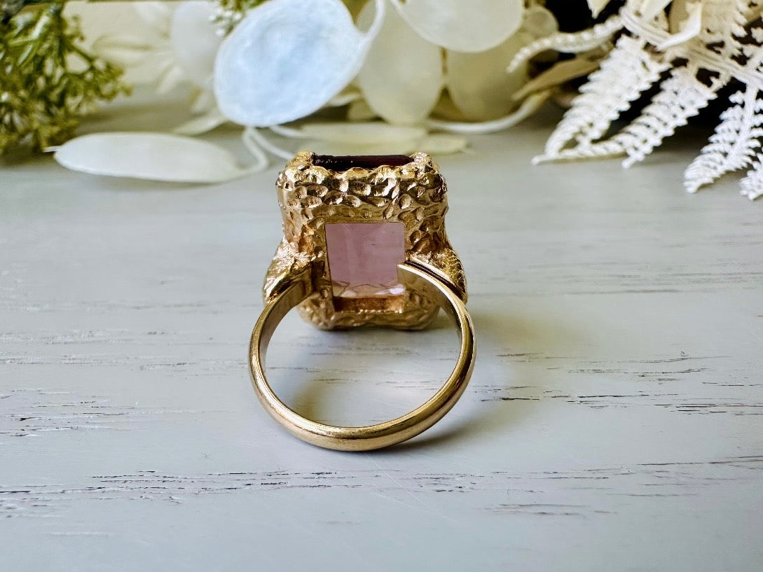 Vintage Cocktail Ring, 1973 Twilight Faux Amethyst Emerald Cut Ring