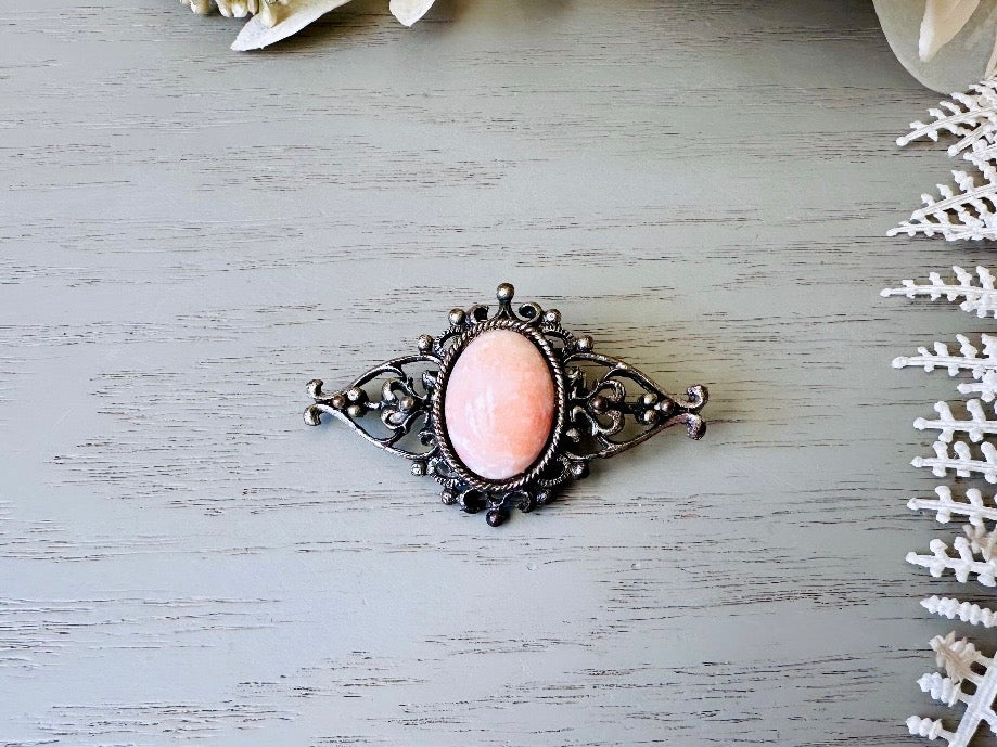 Pink Coral Brooch, Victorian Silver Filigree Pin with Oval Mottled Coral Cabochon, VTG Antique Silver Pin Victorian Revival Accessories