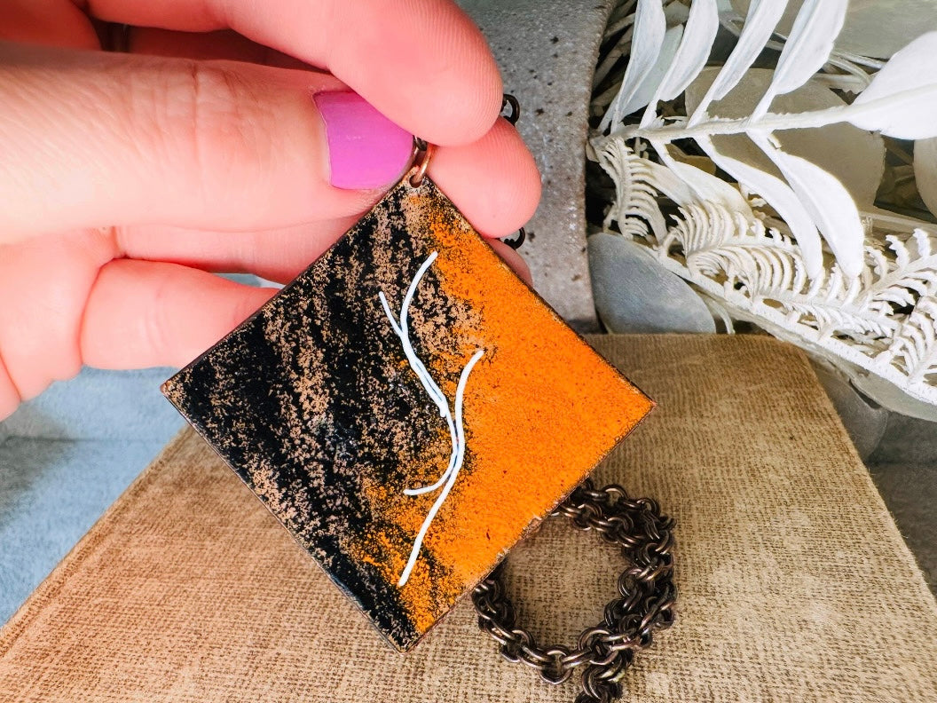 Vintage Pendant Necklace, Copper Artisan Necklace with Orange Black and White Enamel, 18" Chain Funky Abstract Retro Necklace