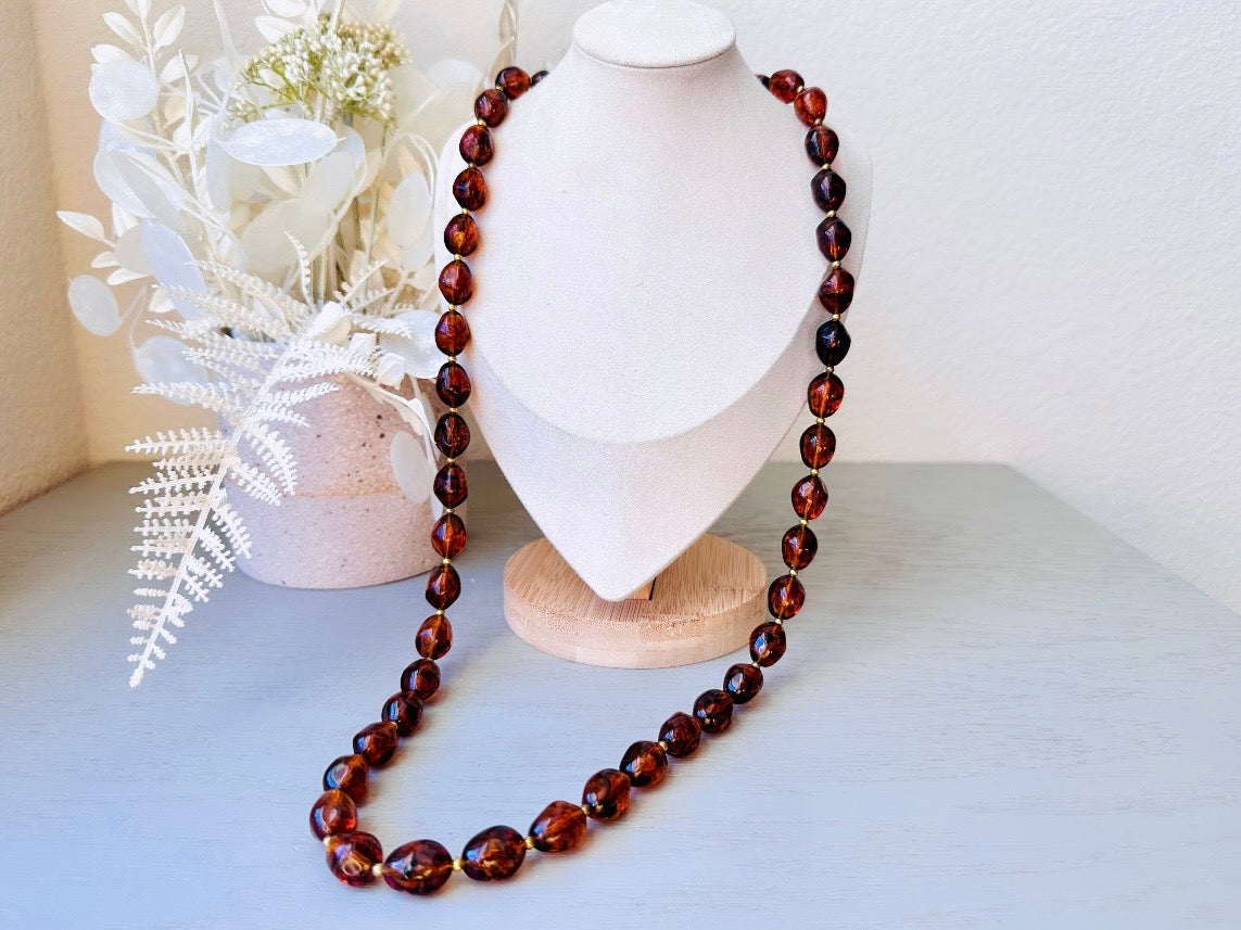 Vintage Faux Amber Necklace, Long Beaded Glowing Rootbeer Simulated Amber Trifari Necklace with Gold Accents, 1970s Signed Designer Jewelry