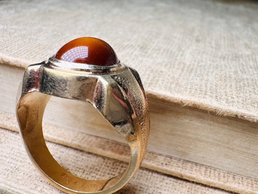 Tigers Eye Ring, Vintage Gold Gemstone Statement Ring, Chunky Unisex 1970s Cocktail Ring