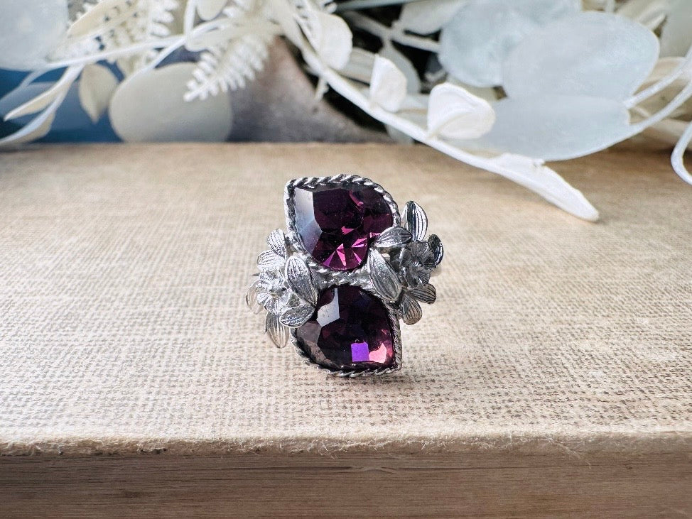 Vintage Heart Cocktail Ring, February Birthstone Purple Heart Ring, 1973 Amethyst and Silver Flowers Double Heart Love Story Sarah Coventry