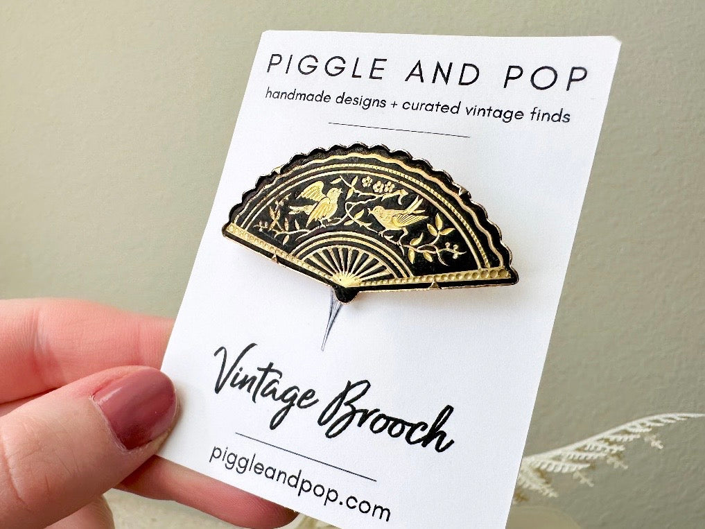 Vintage Damascene Brooch, Black and Gold Floral Bird Pin, Etched Gold on Matte Black Intricate Fan Brooch