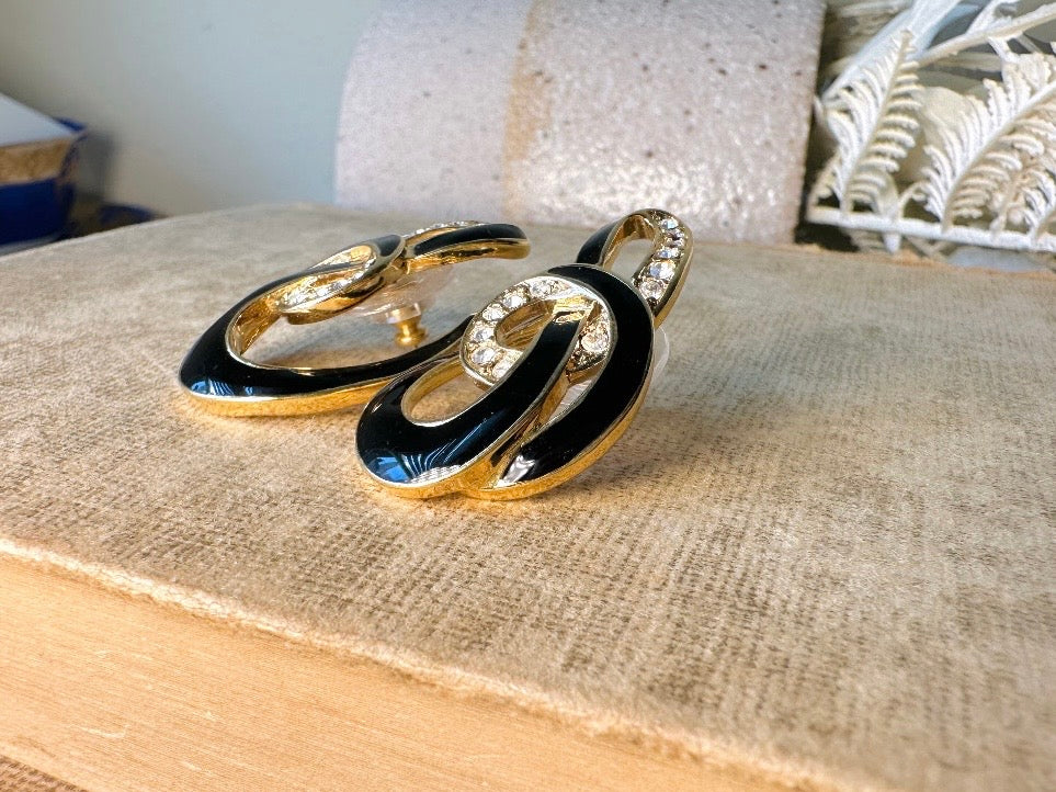 Vintage Trifari Earrings, Gorgeous Abstract Black Enamel and Rhinestone Earrings, Geometric Pierced Earrings, Deadstock Designer Vintage