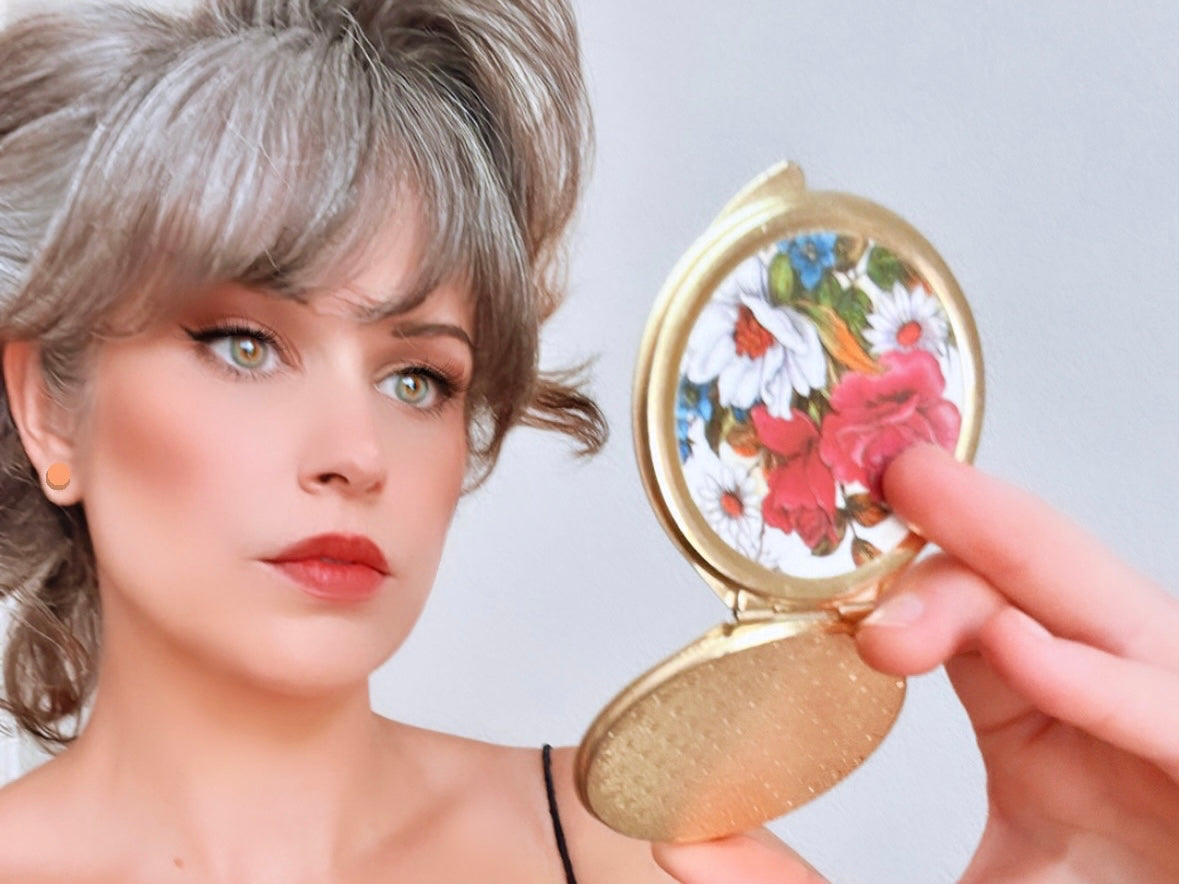 Vintage Flower Compact Mirror, Gold Vintage 1970’s Rose Pocket Mirror, Vtg 70s Colorful Floral Makeup Mirror, Pretty Flip Mirror