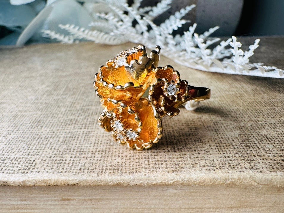Vintage Statement Ring, Napier Ruffled Gold Flower Ring with Swarovski Crystal Accents, Chunky Multi Stone Cocktail Ring 18K Size 6 EUC
